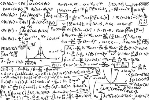 densely packed handwritten quantum physics equations